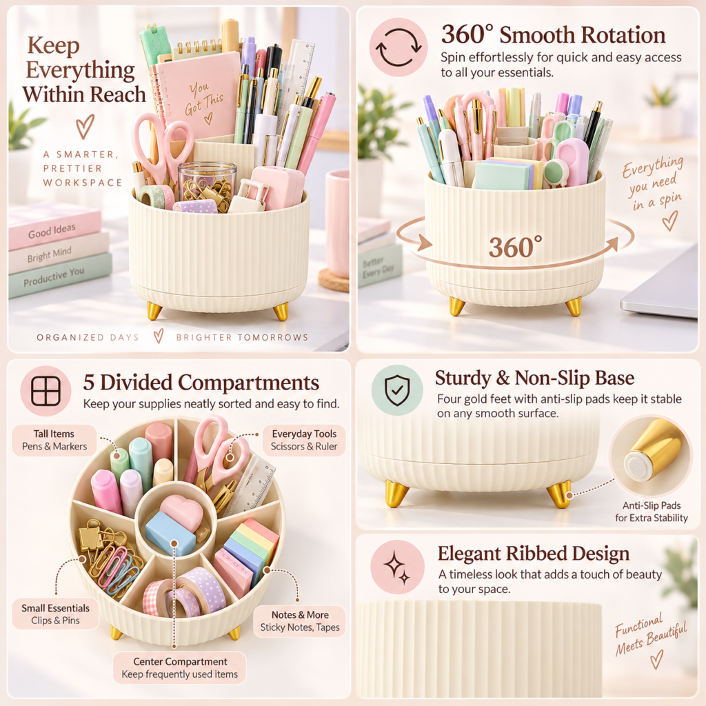 Infographic showing the SKYDUE rotating pen organizer with 360-degree rotation, five divided compartments, non-slip base and ribbed design.