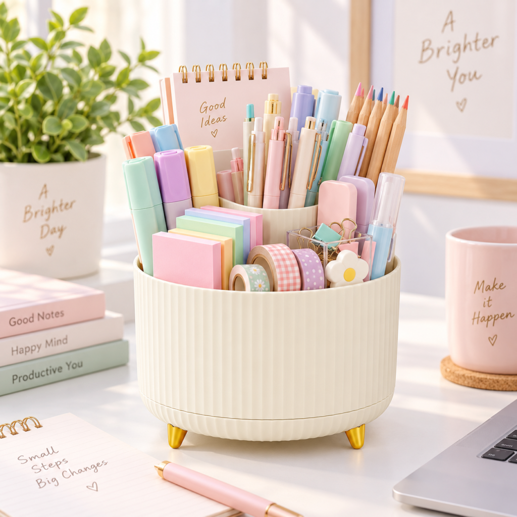 Cream SKYDUE-style rotating pen organizer holding pastel pens, pencils, sticky notes and clips on a tidy desk.
