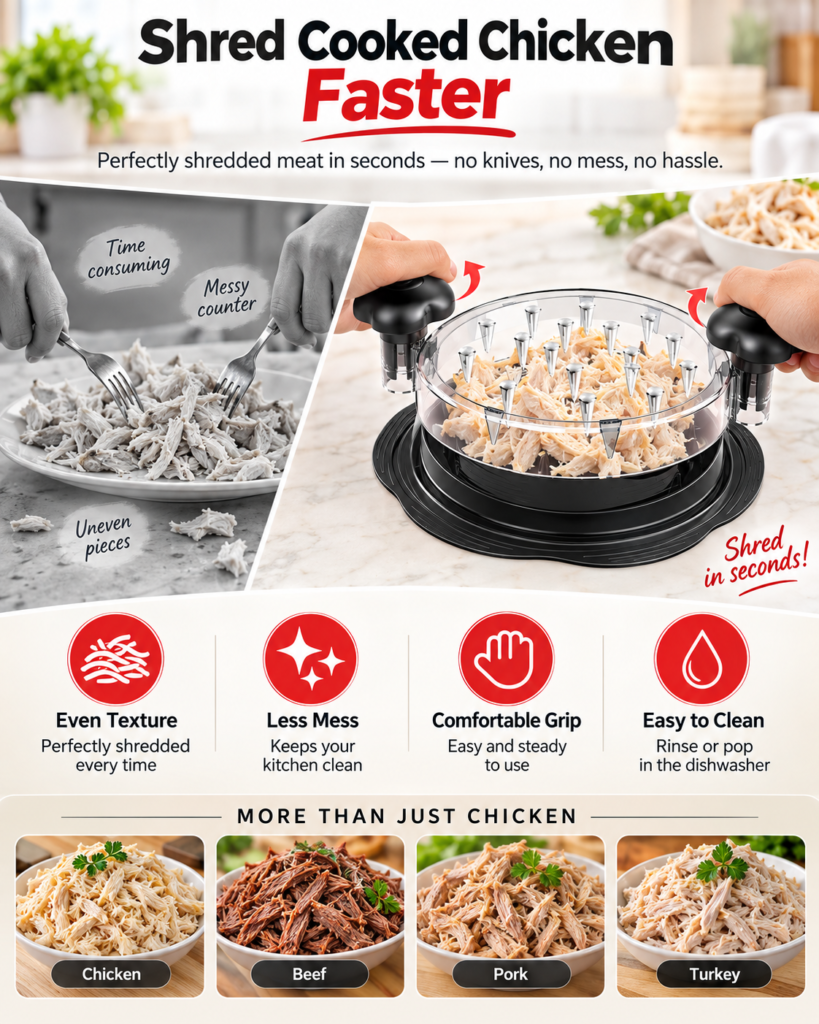SURETIVIAN chicken shredder infographic comparing two-fork prep with a twist-style tool and showing cooked meat meal ideas.