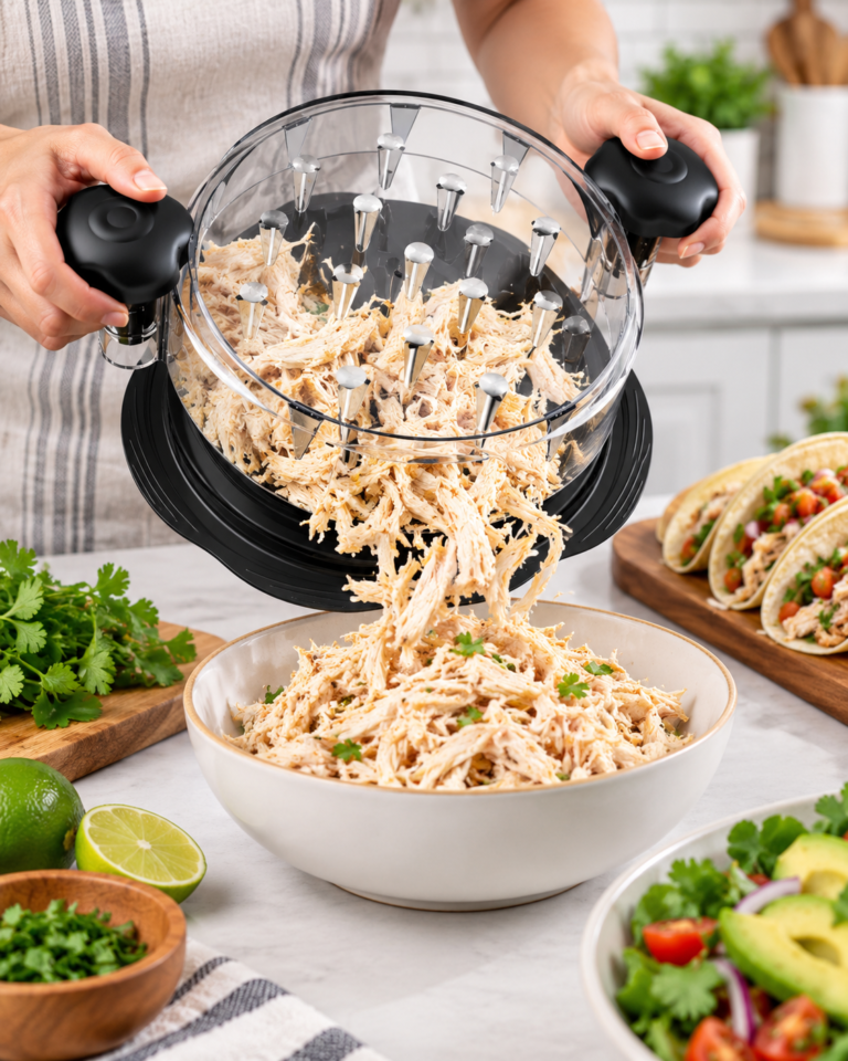 SURETIVIAN chicken shredder with a clear lid and black handles tipping shredded cooked chicken into a bowl.