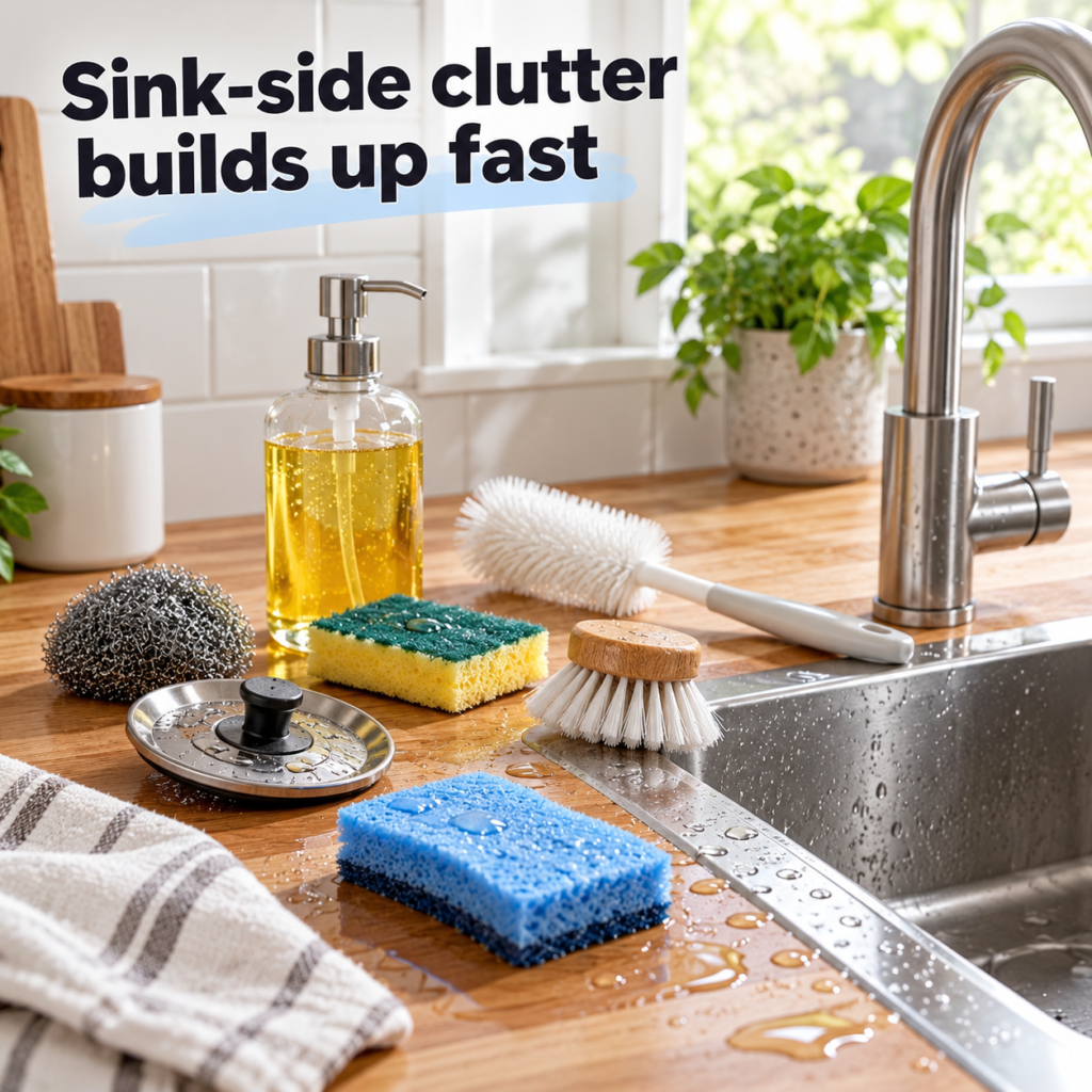 Kitchen sink area with sponge, scrubber, soap dispenser, and cleaning tools scattered across a wet countertop before using a sink caddy organizer.