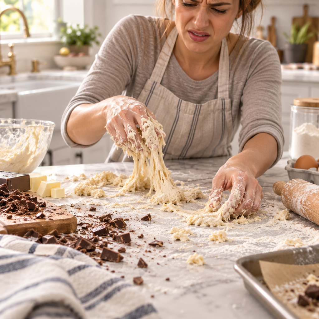 Baker struggling with sticky dough spread across the counter before using a dough scraper.