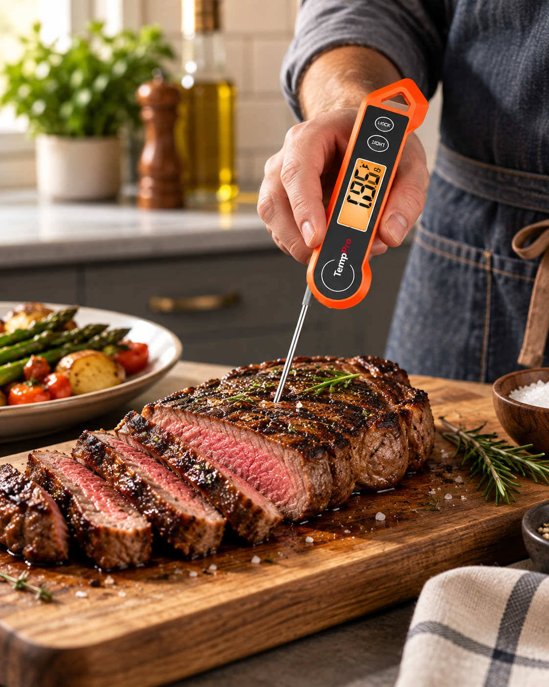TempPro TP19H instant-read thermometer inserted into a sliced steak on a cutting board, showing the temperature on its digital display.