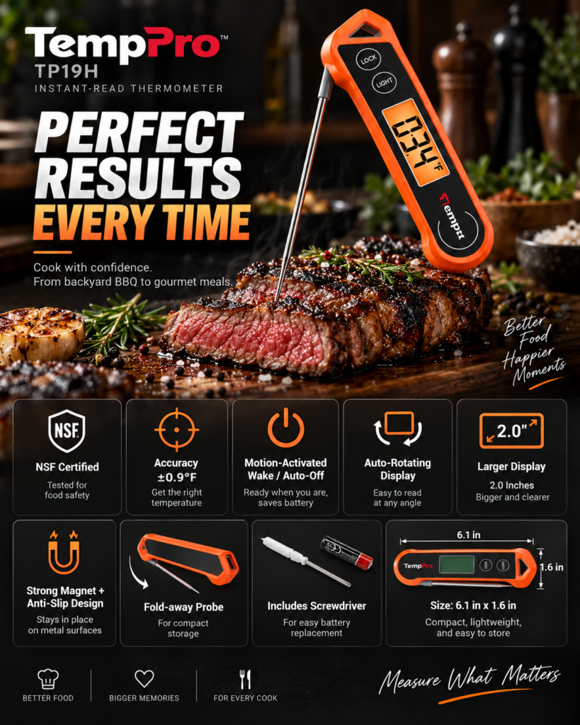 Feature infographic of the TempPro TP19H instant-read thermometer highlighting fold-away probe, rotating display, larger screen, magnet and everyday cooking benefits.