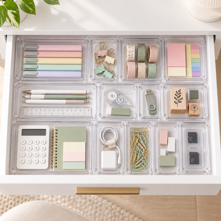 Vtopmart 25 Piece Drawer Organizers arranged in a white desk drawer to sort office supplies into clear trays.
