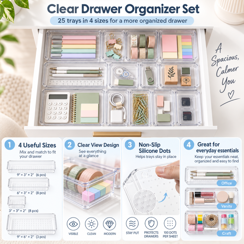 Infographic showing Vtopmart clear drawer organizer trays, before-and-after drawer organization, and the four tray sizes included in the 25-piece set.
