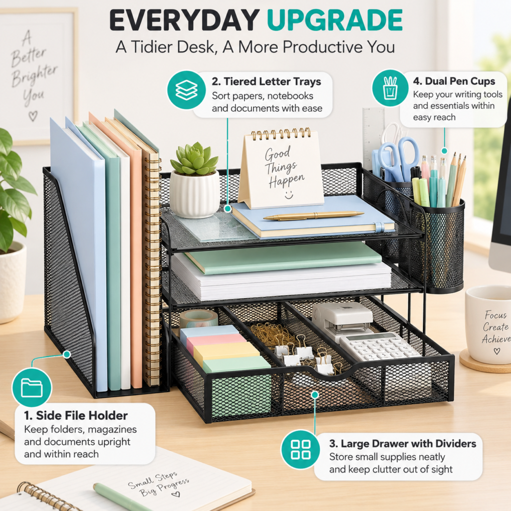 Infographic showing the WALI Desk File Organizer with side file holder, tiered letter trays, large drawer with dividers and dual pen cups.