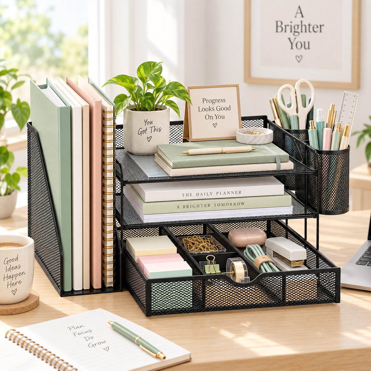 WALI Desk File Organizer holding notebooks, papers and desk supplies on a neat workspace.