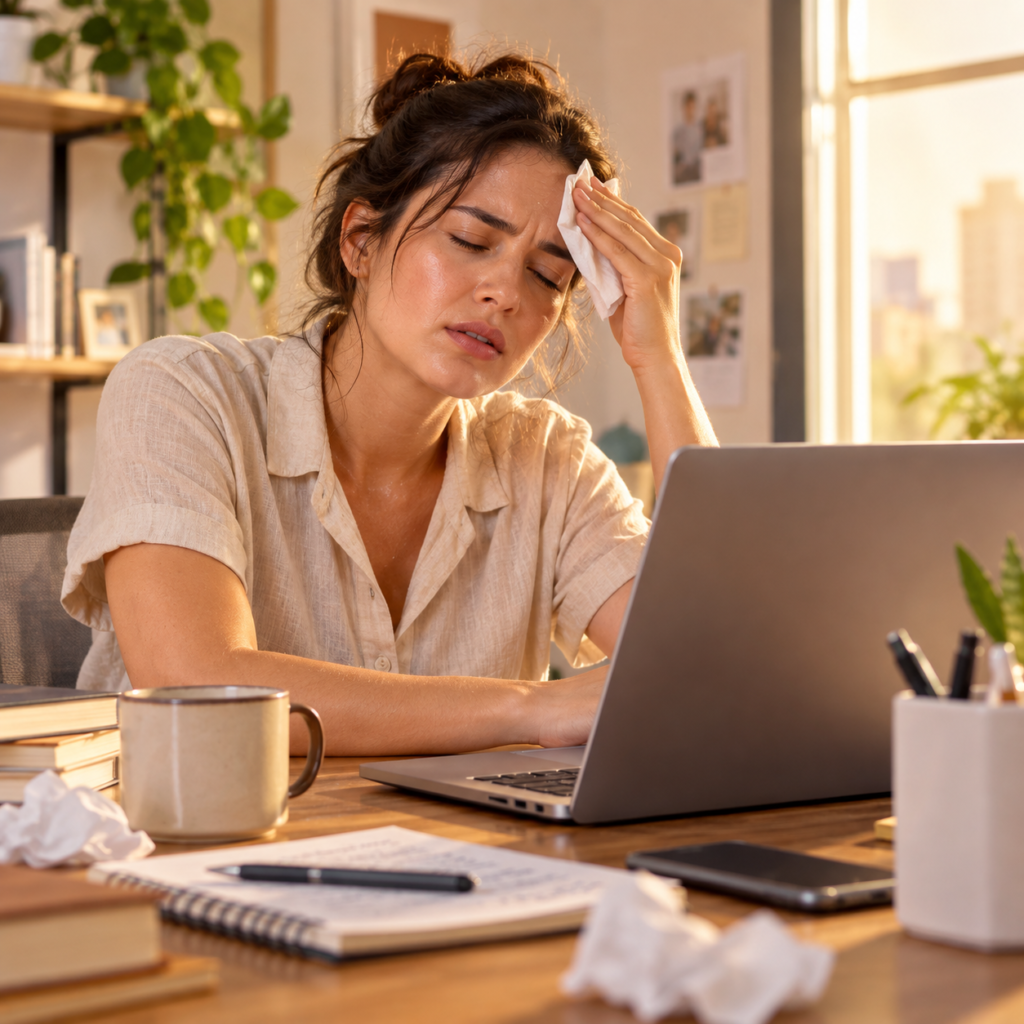 Woman wiping her forehead at a warm desk beside a laptop, notebook and coffee mug, without a desk fan.