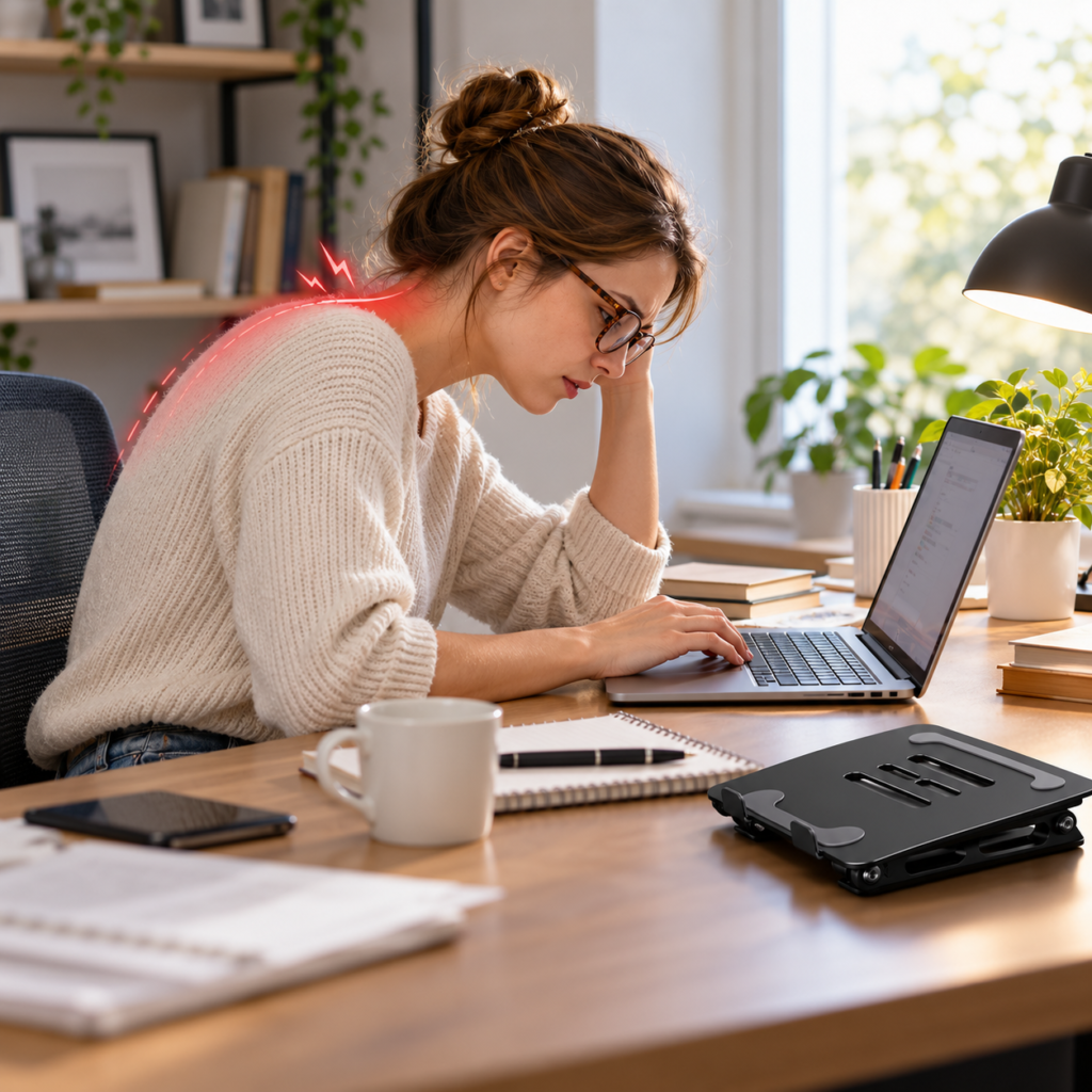 Woman leaning toward a low laptop screen at a desk, with an unused black laptop stand beside her.