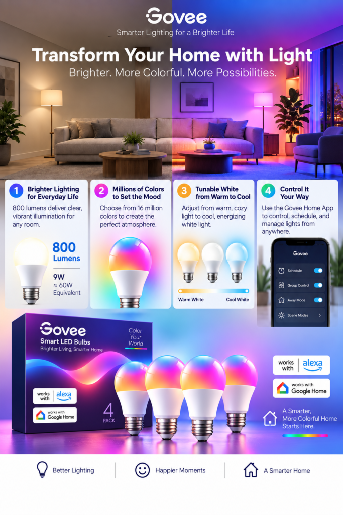 Infographic showing how Govee smart light bulbs transform a living room with adjustable brightness, colors, white tones, and app-based lighting controls.