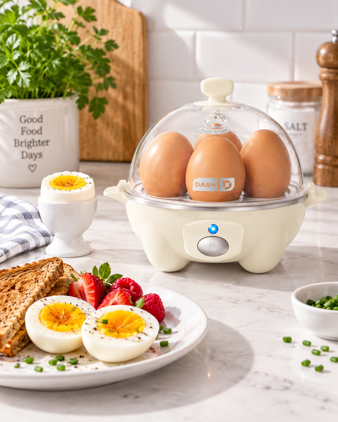 DASH Rapid Egg Cooker on a bright kitchen counter with boiled eggs and breakfast items nearby