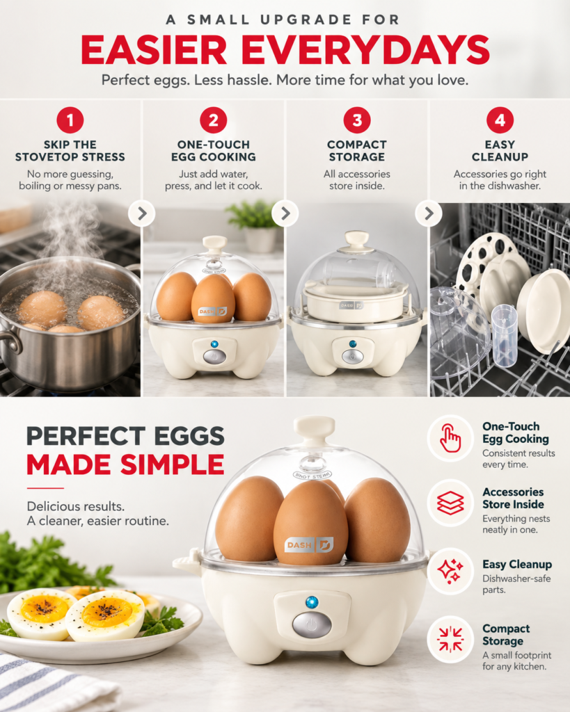 Infographic showing the DASH Rapid Egg Cooker with key benefits like 7-egg capacity, compact storage, and easier breakfast prep