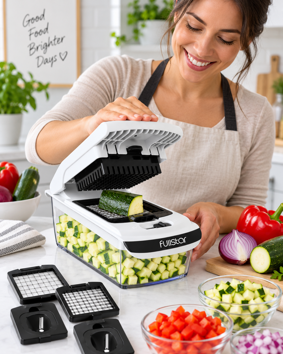 Fullstar Pro Vegetable Chopper on a kitchen counter with freshly prepped vegetables collected neatly in the container.