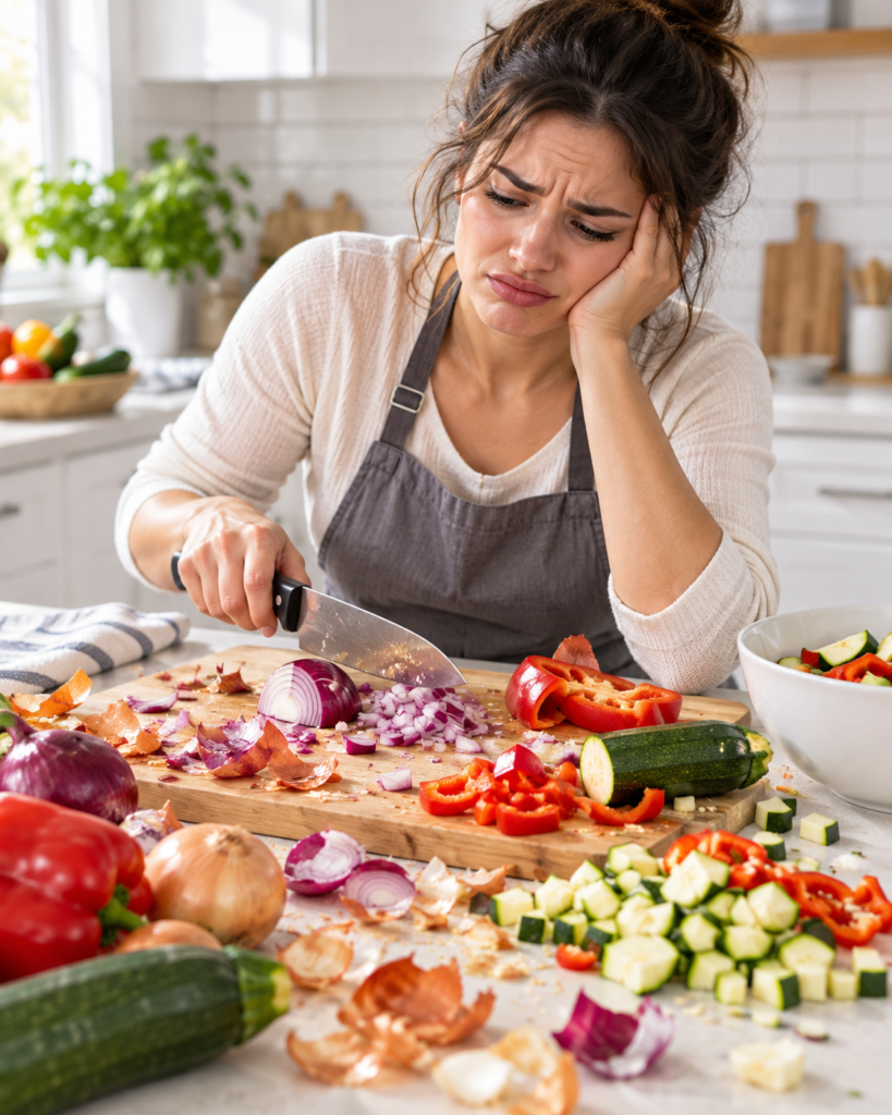 Home cook preparing vegetables with the Fullstar Pro Vegetable Chopper before dinner prep.