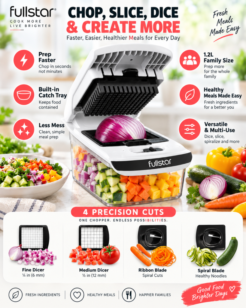 Infographic showing key Fullstar Pro Vegetable Chopper benefits such as faster prep, interchangeable inserts, and more contained cleanup.