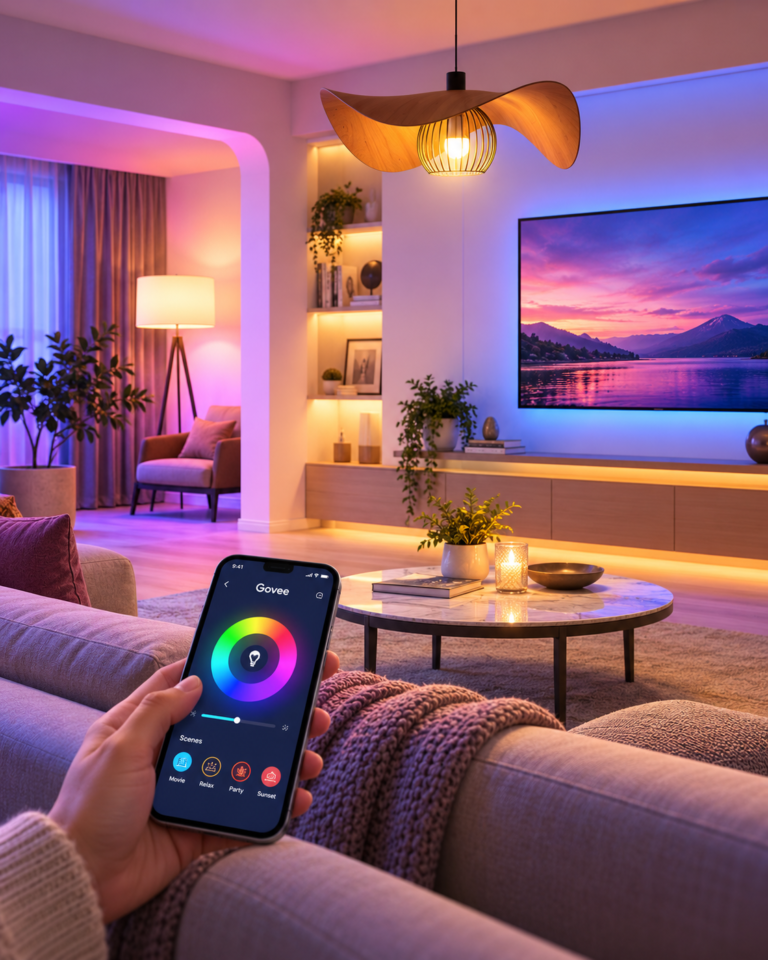 Living room transformed with colorful ambient lighting and smartphone-controlled Govee smart light bulbs.