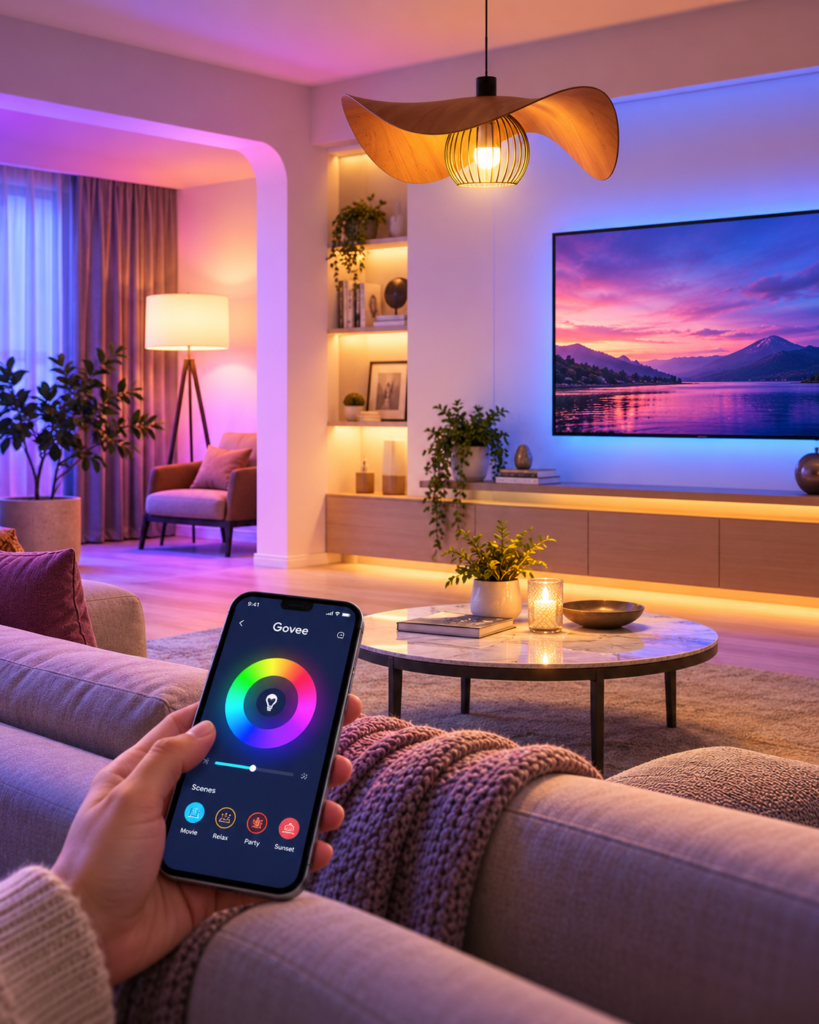 Living room with colorful purple and warm ambient lighting as a person adjusts light settings on a smartphone.