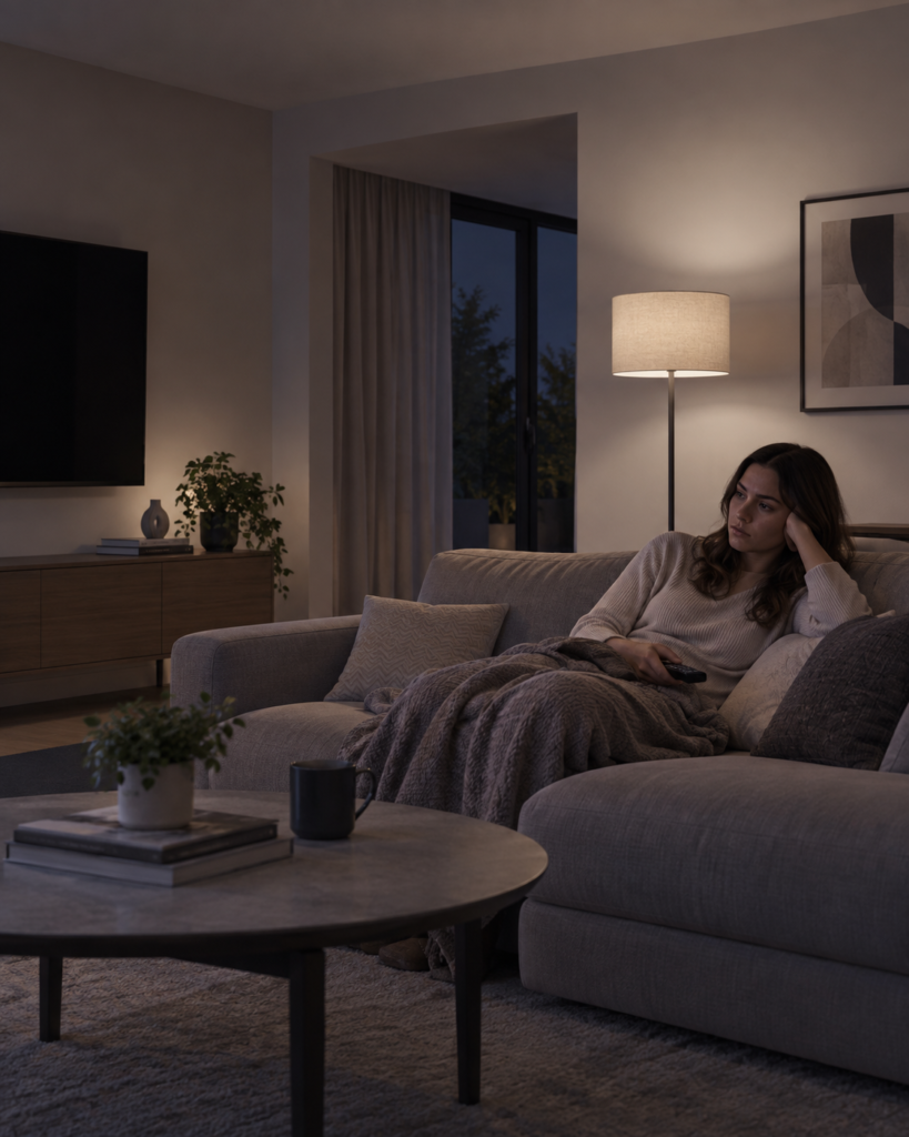 Woman sitting on a sofa in a dim living room illuminated by a single warm floor lamp.