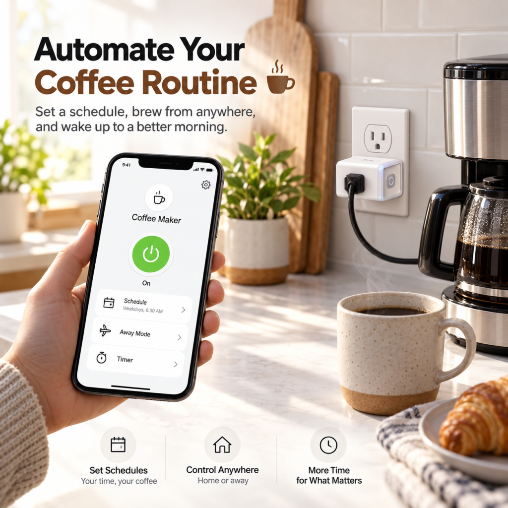 Smartphone controlling a coffee maker connected to a Kasa smart plug in a modern kitchen.