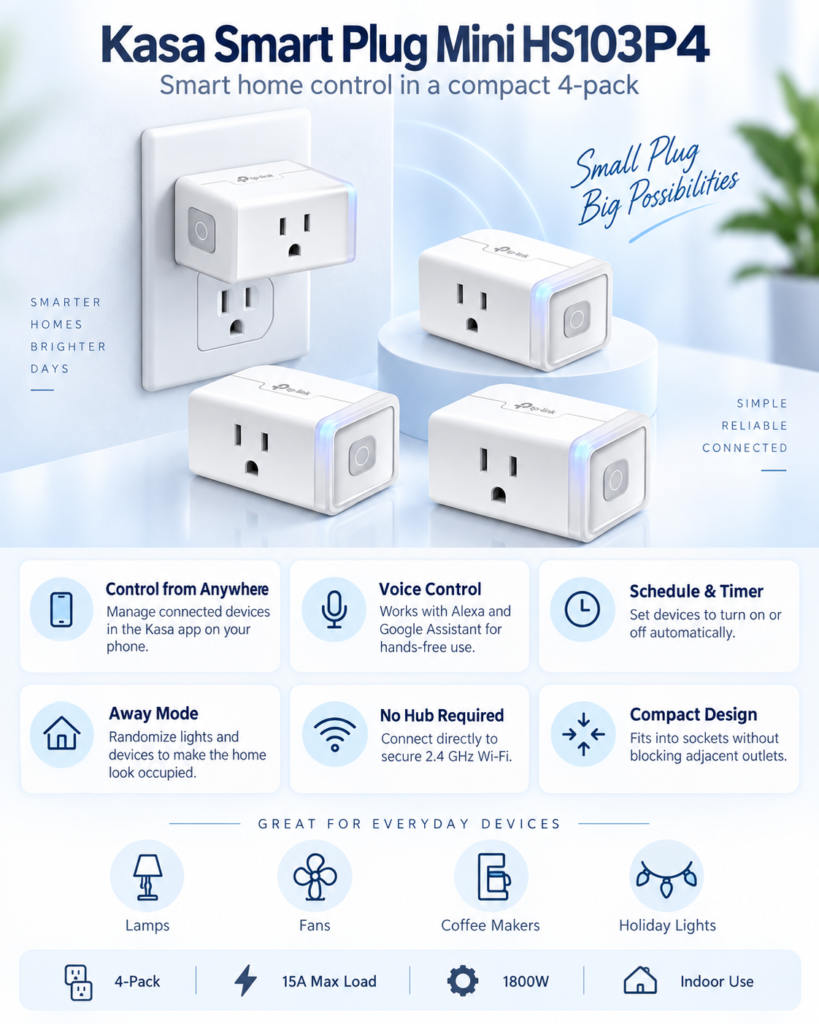 Infographic of the Kasa HS103P4 four-pack showing remote control, voice commands, scheduling, Away Mode, Wi-Fi connectivity, and compact design.