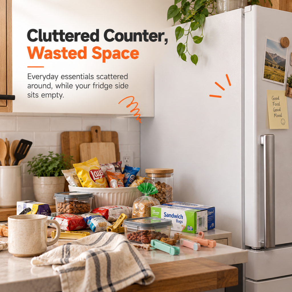 Cluttered kitchen counter beside an unused refrigerator side