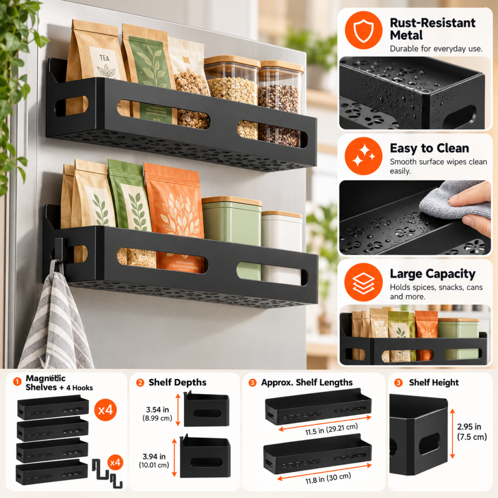 Turn unused fridge-side space into practical kitchen storage. This four-pack magnetic spice rack helps keep everyday essentials organized, easy to reach, and off your countertops.