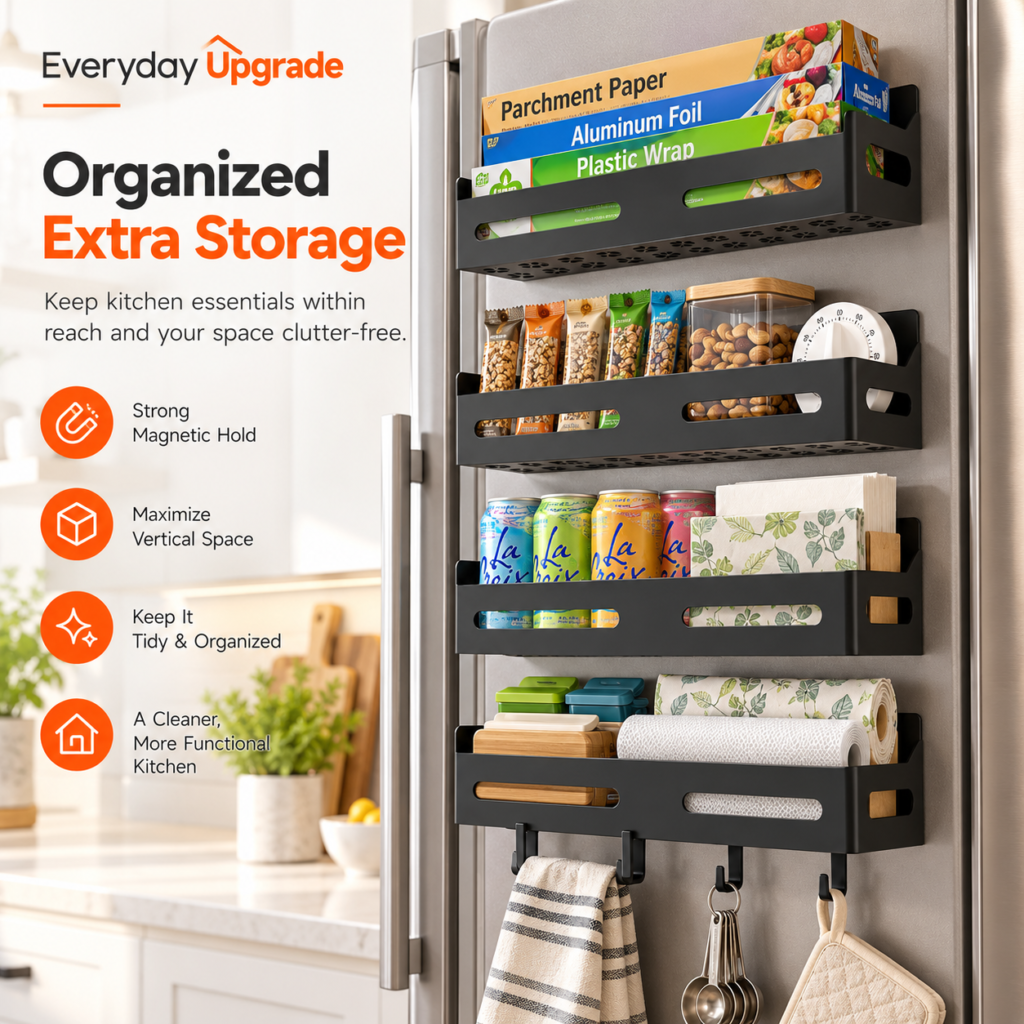 Black magnetic spice rack for refrigerator holding kitchen essentials on the fridge side