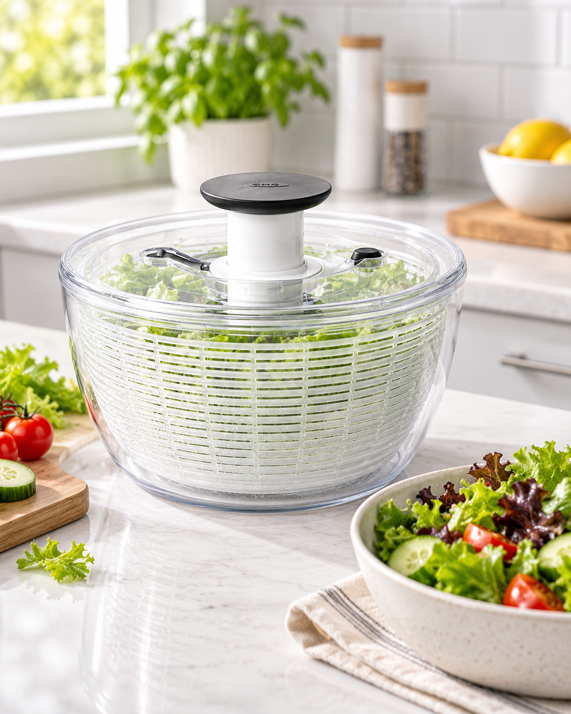 OXO Good Grips salad spinner with leafy greens on a bright kitchen counter beside a prepared salad.