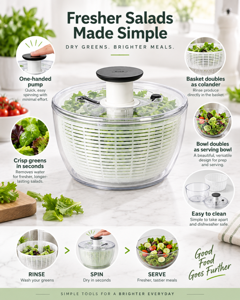 Infographic featuring the OXO Good Grips salad spinner and its use for washing and drying salad greens.