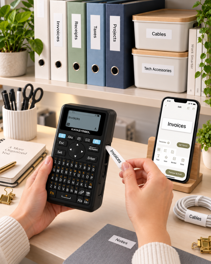 SUPVAN E11 label maker and smartphone beside neatly labeled storage boxes in an organized home workspace.
