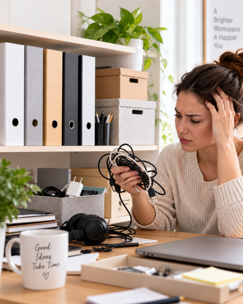 Woman organizing storage shelves and boxes in a home workspace before adding labels.