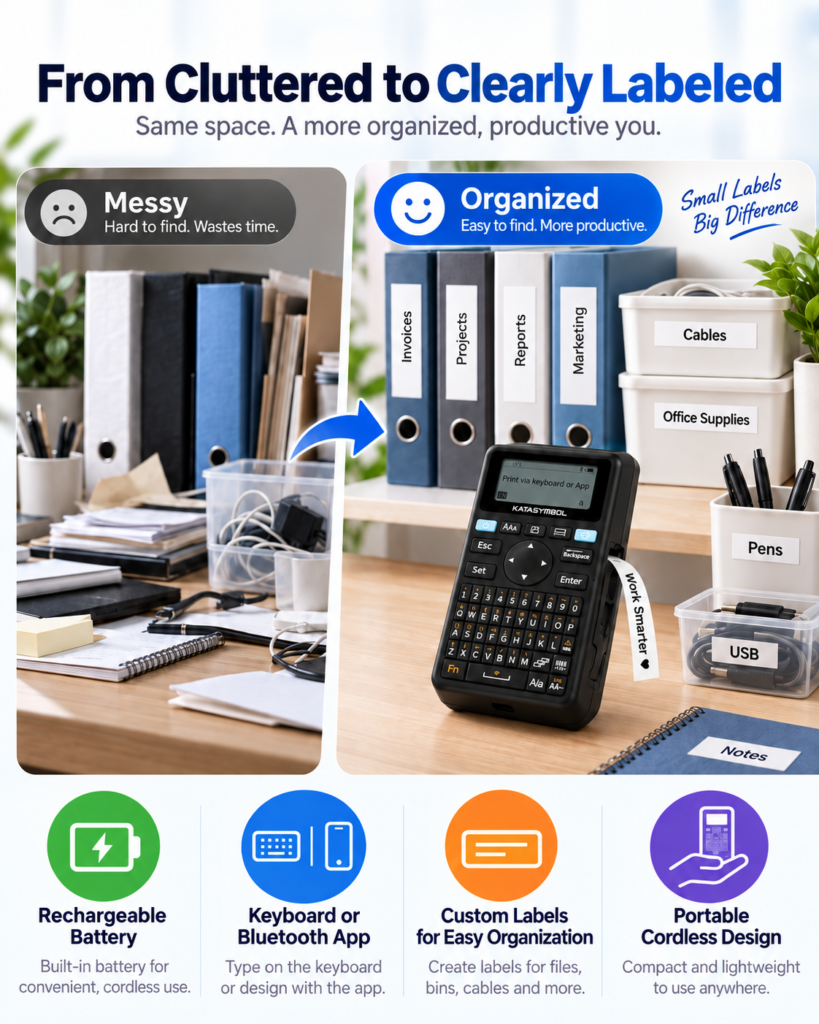 Infographic showing the SUPVAN E11 label maker, keyboard and Bluetooth app labeling, and everyday home organization benefits.