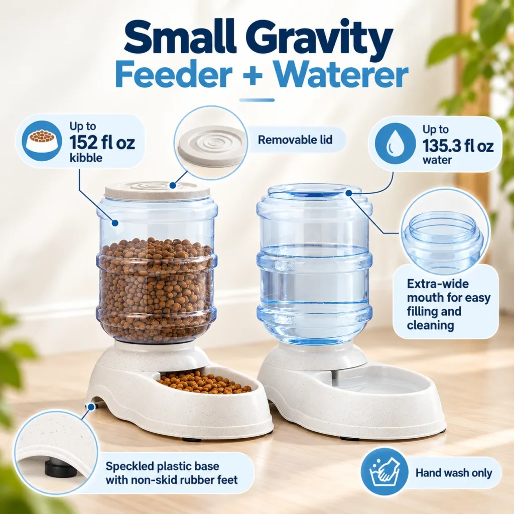 Infographic showing the Amazon Basics gravity pet feeder and waterer with food and water capacities, removable lid, wide-mouth design, non-skid feet, and hand-wash care.