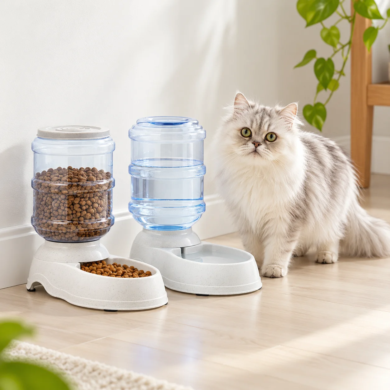 Amazon Basics gravity pet feeder and waterer set with transparent reservoirs beside a cat in a clean room.
