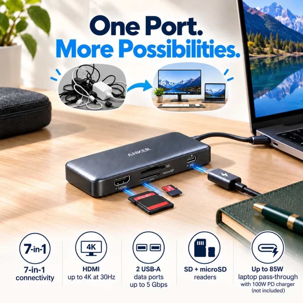 Infographic of the Anker 341 USB-C hub showing 7-in-1 connectivity, 4K HDMI at up to 30Hz, two USB-A data ports, SD and microSD readers, and pass-through charging.