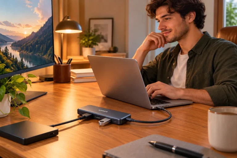 Anker 341 USB-C hub connected to a laptop and external monitor on a tidy desk, with accessories connected through the hub.