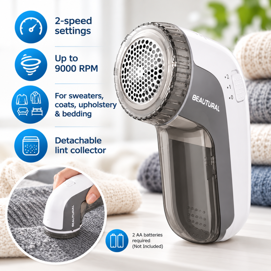 Infographic showing the BEAUTURAL fabric shaver with two speed settings, up to 9000 RPM, fabric-use examples and lint collector.
