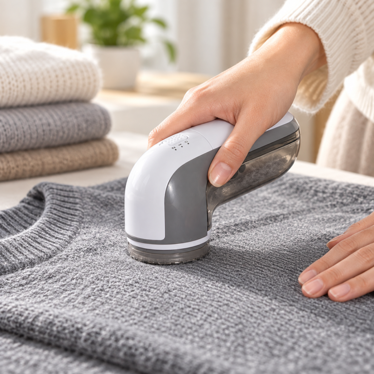 Hand using a gray and white BEAUTURAL fabric shaver on a gray knit sweater.