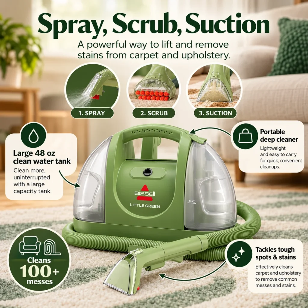 BISSELL Little Green carpet cleaner infographic showing spray, scrub, suction, 48 oz clean tank, portability, and stain-cleaning use.