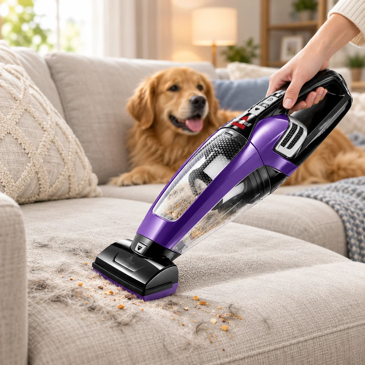 Purple BISSELL handheld vacuum cleaning pet hair and crumbs from a sofa while a dog sits nearby.