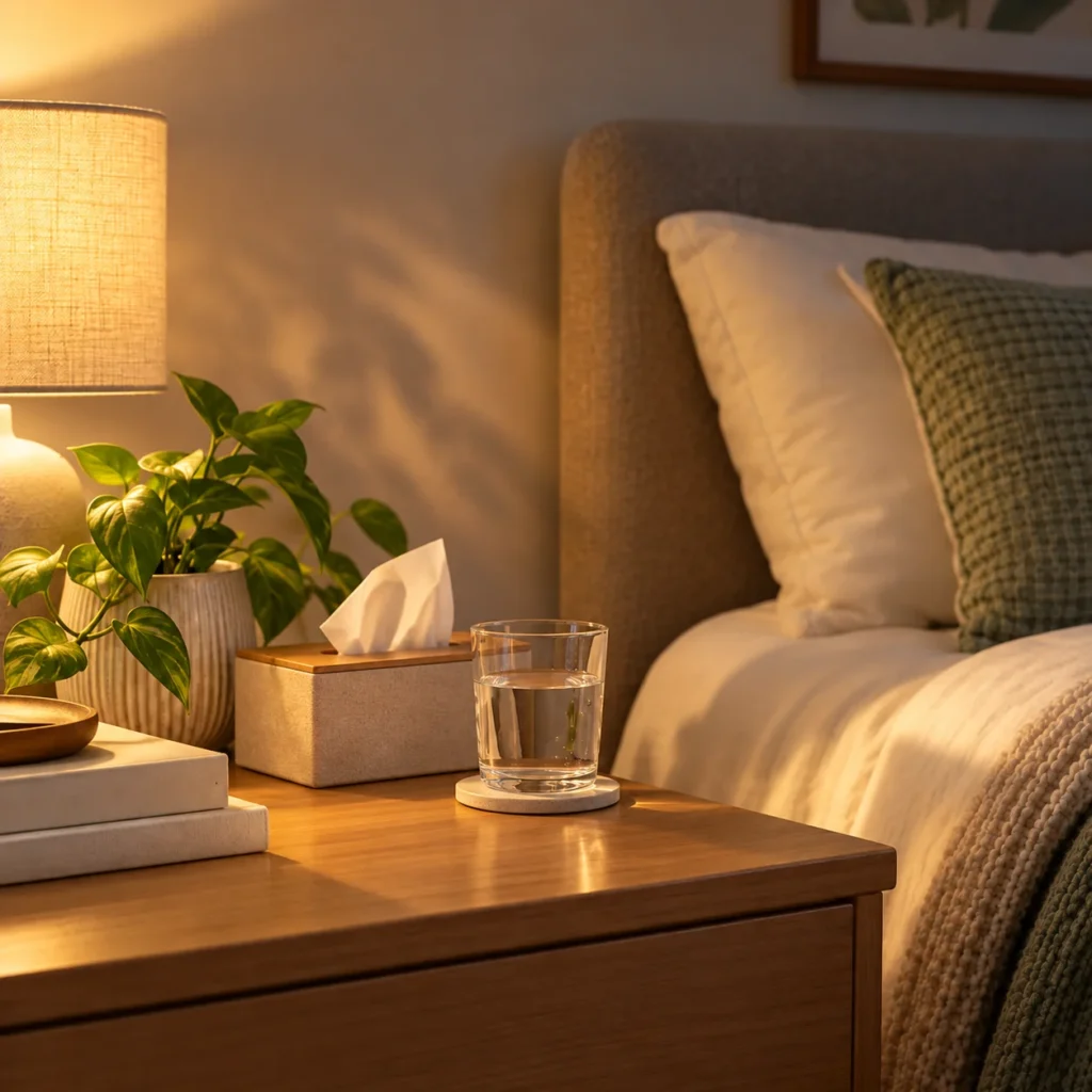 Warm bedroom nightstand without Levoit Classic 160 humidifier, with a lamp, plant, tissue box, and glass of water.