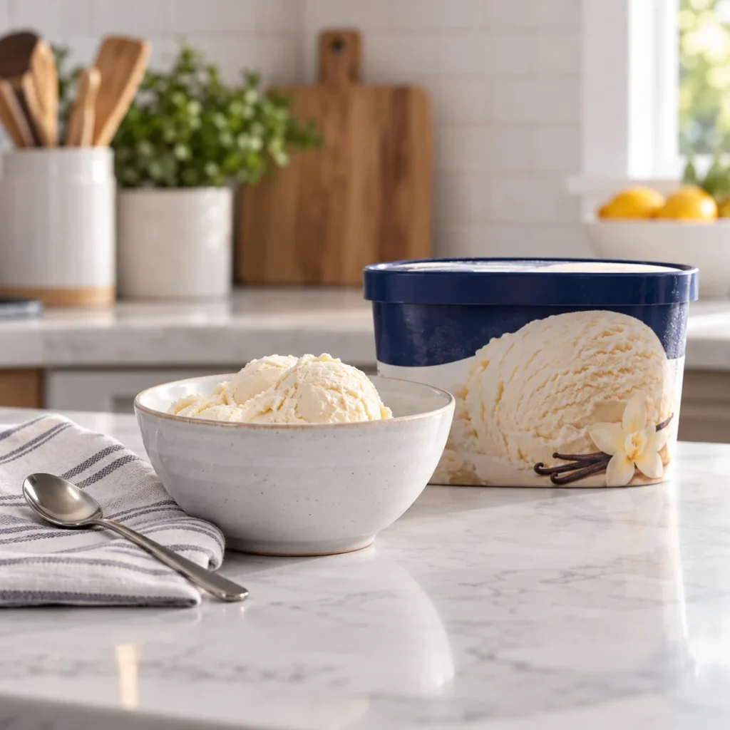 Bowl of vanilla ice cream and a store-bought ice cream tub on a bright kitchen counter before using Ninja CREAMi ice cream maker.