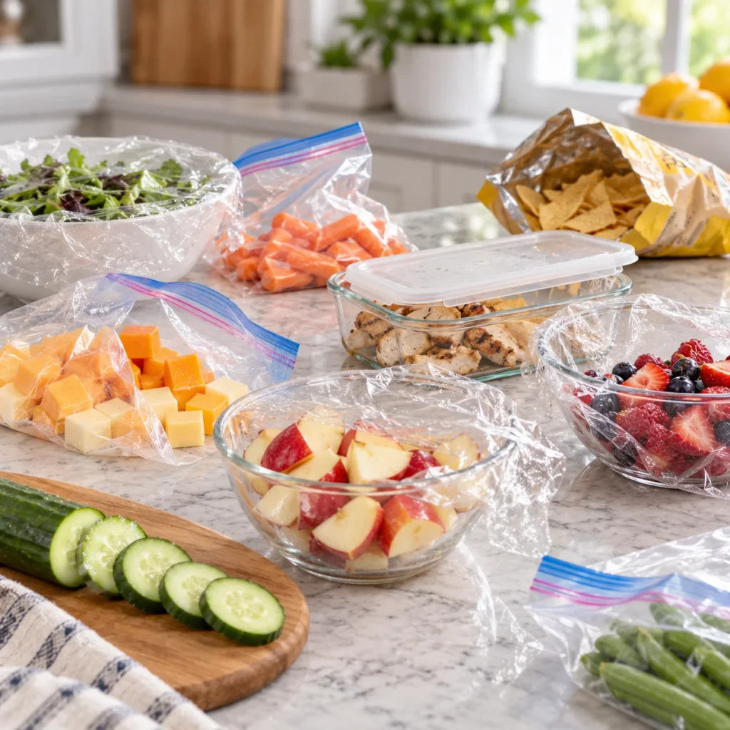 Kitchen counter with bowls, produce, leftovers, and assorted plastic bags showing the clutter of everyday food storage before using Chef Preserve compact vacuum sealer.