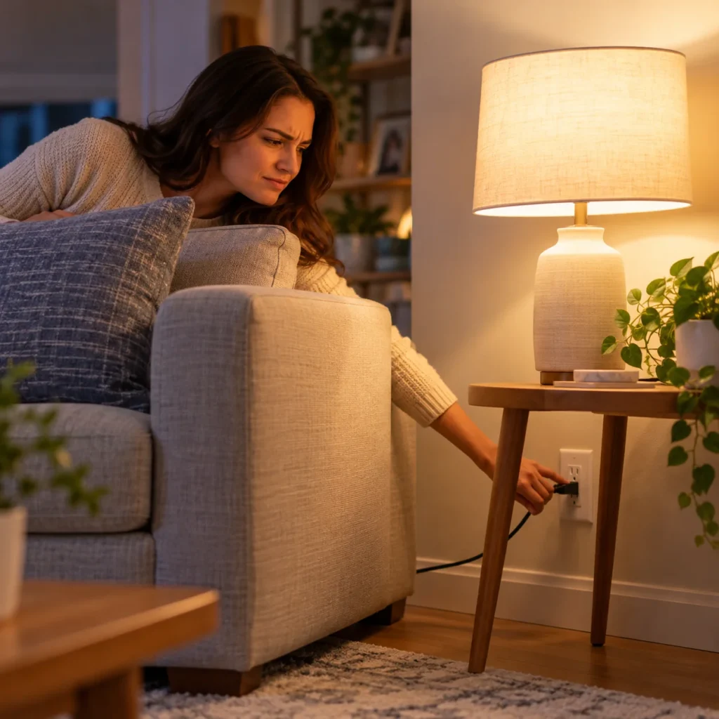 Woman leaning behind a sofa to plug in a lamp manually in a cozy living room before using Govee smart plug with energy monitoring,.