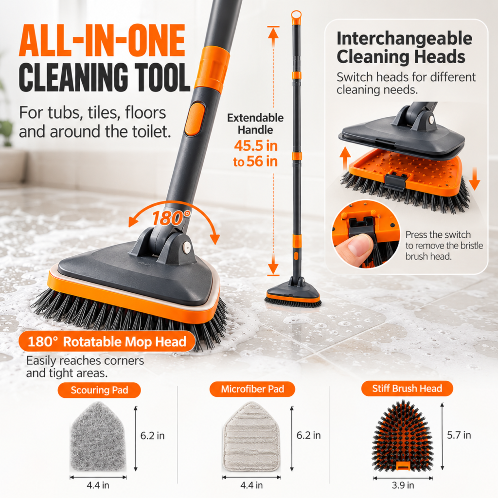 CLEANHOME long-handle bathroom scrubber with multiple cleaning heads shown in a product feature infographic.