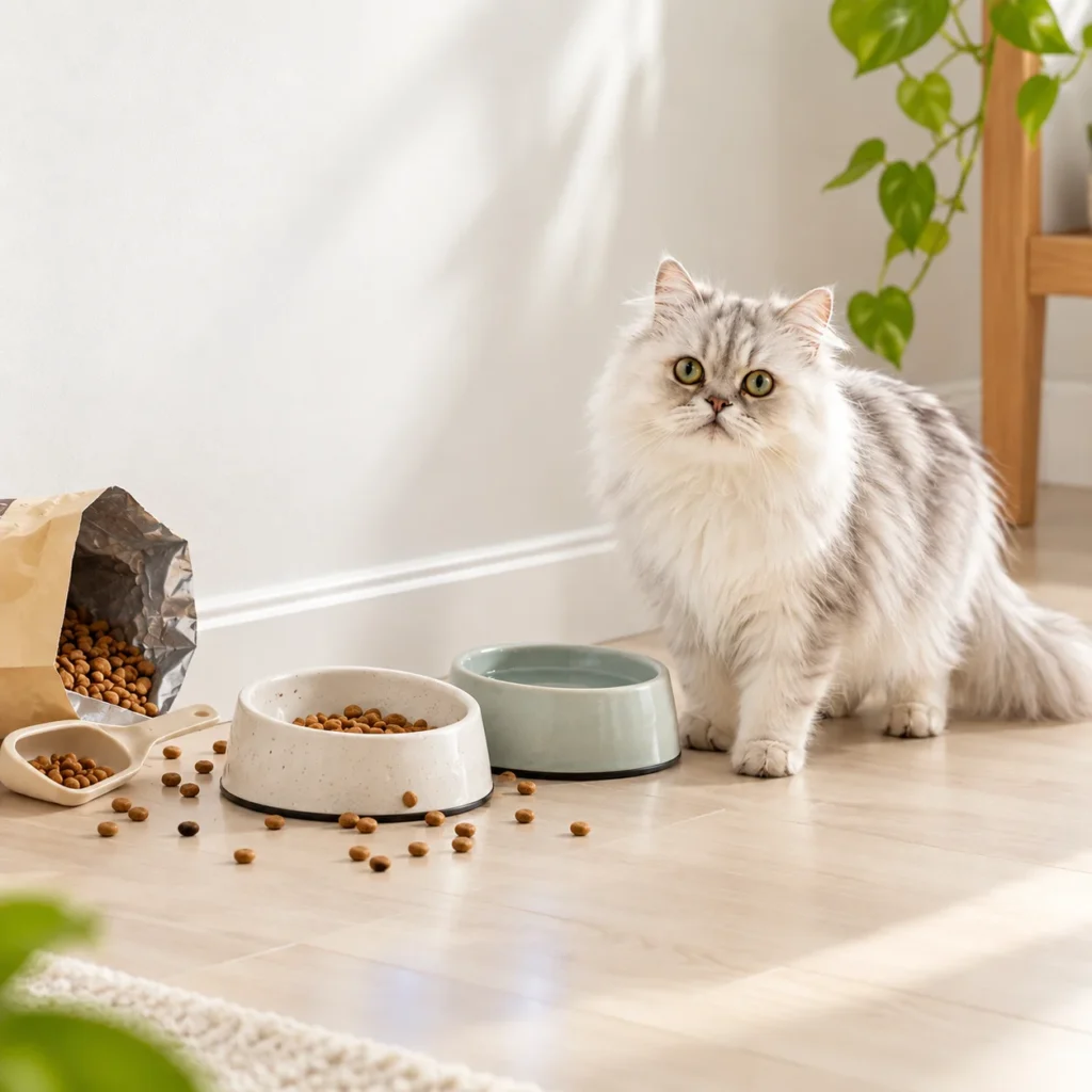 Messy pet feeding setup with a spilled kibble bag, scattered cat food, and separate bowls on the floor before using Amazon Basics gravity pet feeder and waterer.