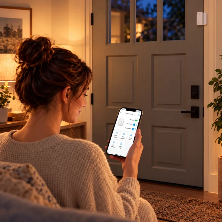 Woman sitting in a living room and checking Ring alarm contact sensor settings on her phone while facing a closed front door.