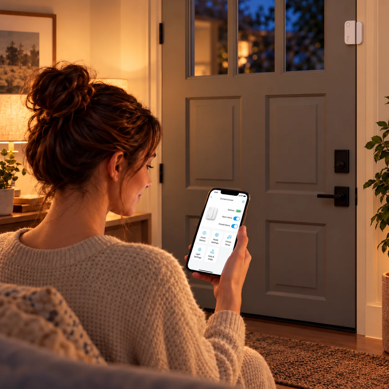 Woman sitting in a living room and checking Ring alarm contact sensor settings on her phone while facing a closed front door.