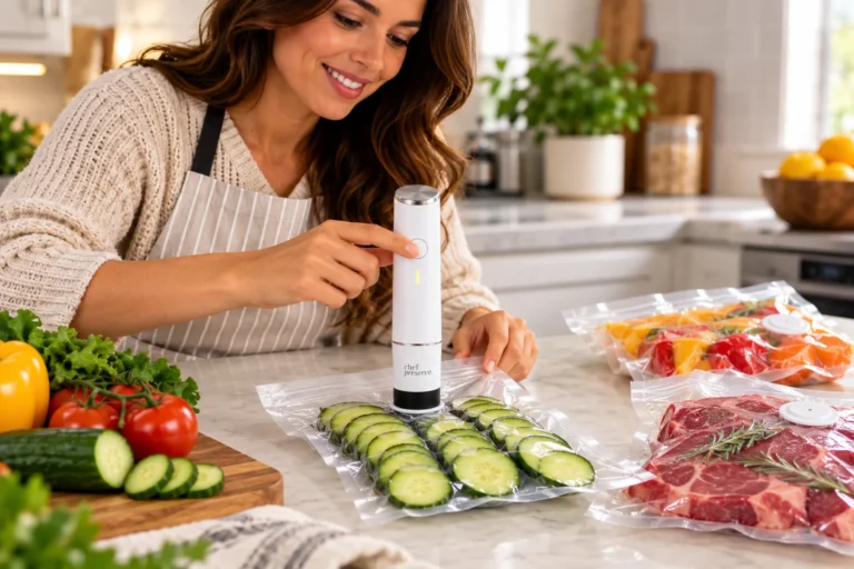 Woman using the Chef Preserve compact vacuum sealer to seal a reusable bag of sliced cucumbers on a bright kitchen counter.